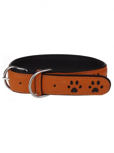 animALL Obojek kožený s motivem oranžový+tlapky